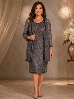 Scala Gray Pink Beaded Dress Jacket Set L Mother of Bride Formal